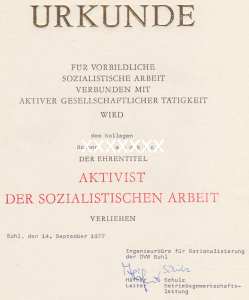 greres Bild - Urkunde DDR Aktivist 1977